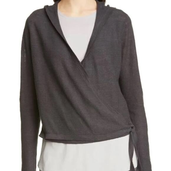 Eileen Fisher Organic Linen Knit Graphite Hooded Wrap Cardigan XXS NWT - Picture 10 of 10